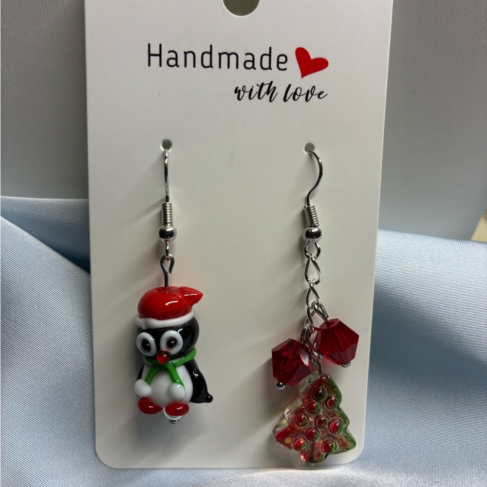 Handmade Penguin and Christmas Tree Earrings - Red and Black